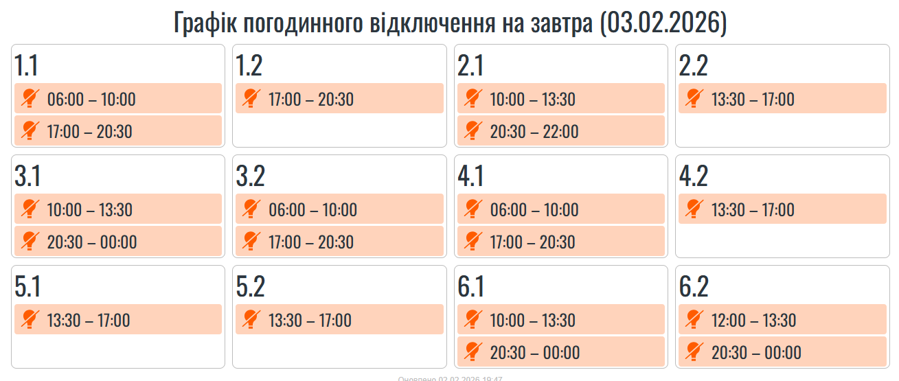 графік погодинних вимкнень